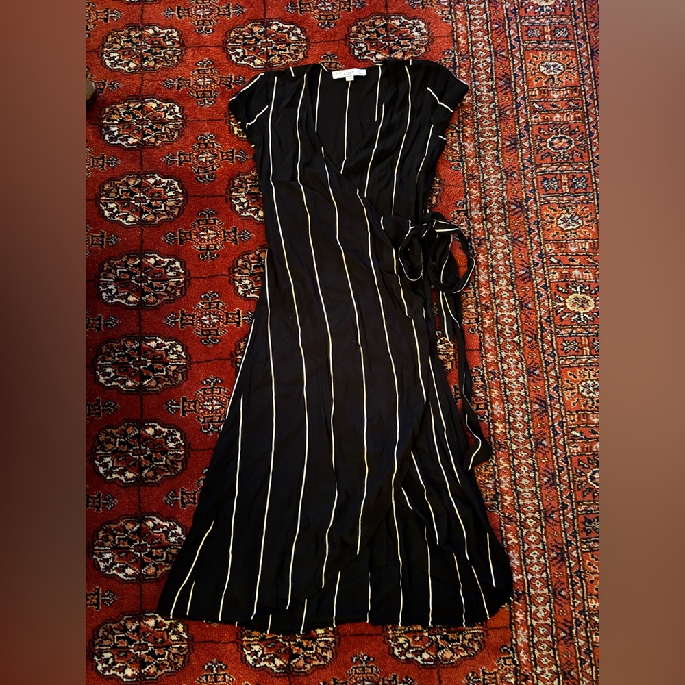 LOFT Black and White Striped, Gorgeous Genuine Wrap Midi Dress